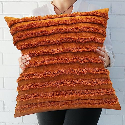 Image of mosey Boho Cushion Covers 16 inch x 16 inch Set of 2 | Pure Cotton 16x16 inch Cushion Cover 1616 | Soft Square Throw Pillow Cover 40 x 40cm for Sofa | Ochre