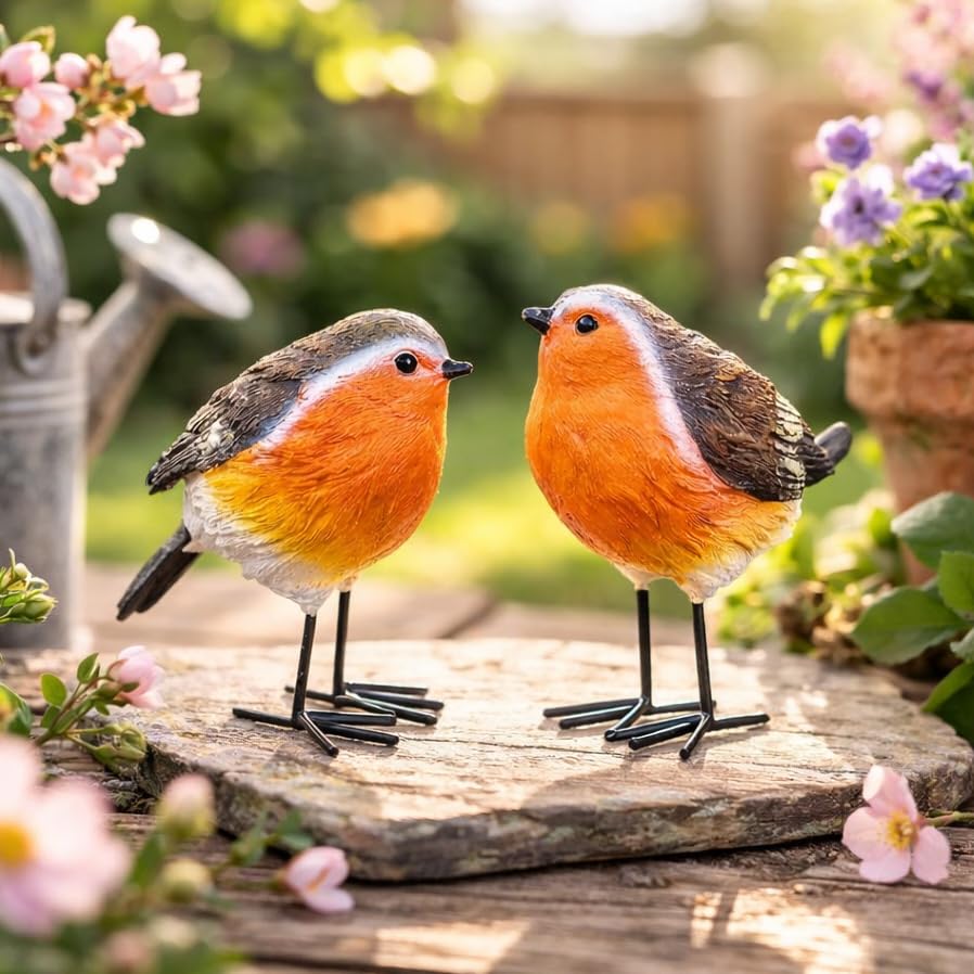 Garden Mile Set of 2 Red Robin Garden Ornaments -10cm Durable Resin Bird Figurines for Indoor & Outdoor Decoration – Bird Decorations for Garden & Home Ornaments, Robin Gifts & Outdoor Accessories