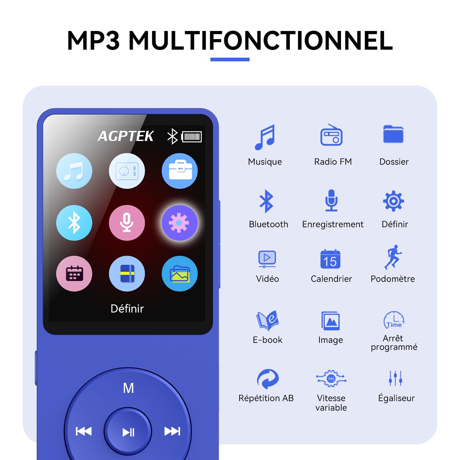64Go Lecteur MP3 Bluetooth 5.3 AGPTEK Lecteur Musical avec Haut-Parleur et Bouton Volume Baladeur Portable sans Perte HiFi 70H Ultra-Longue Autonomie MP3 Sport avec Radio FM(sans Casque)-Bleu Foncé