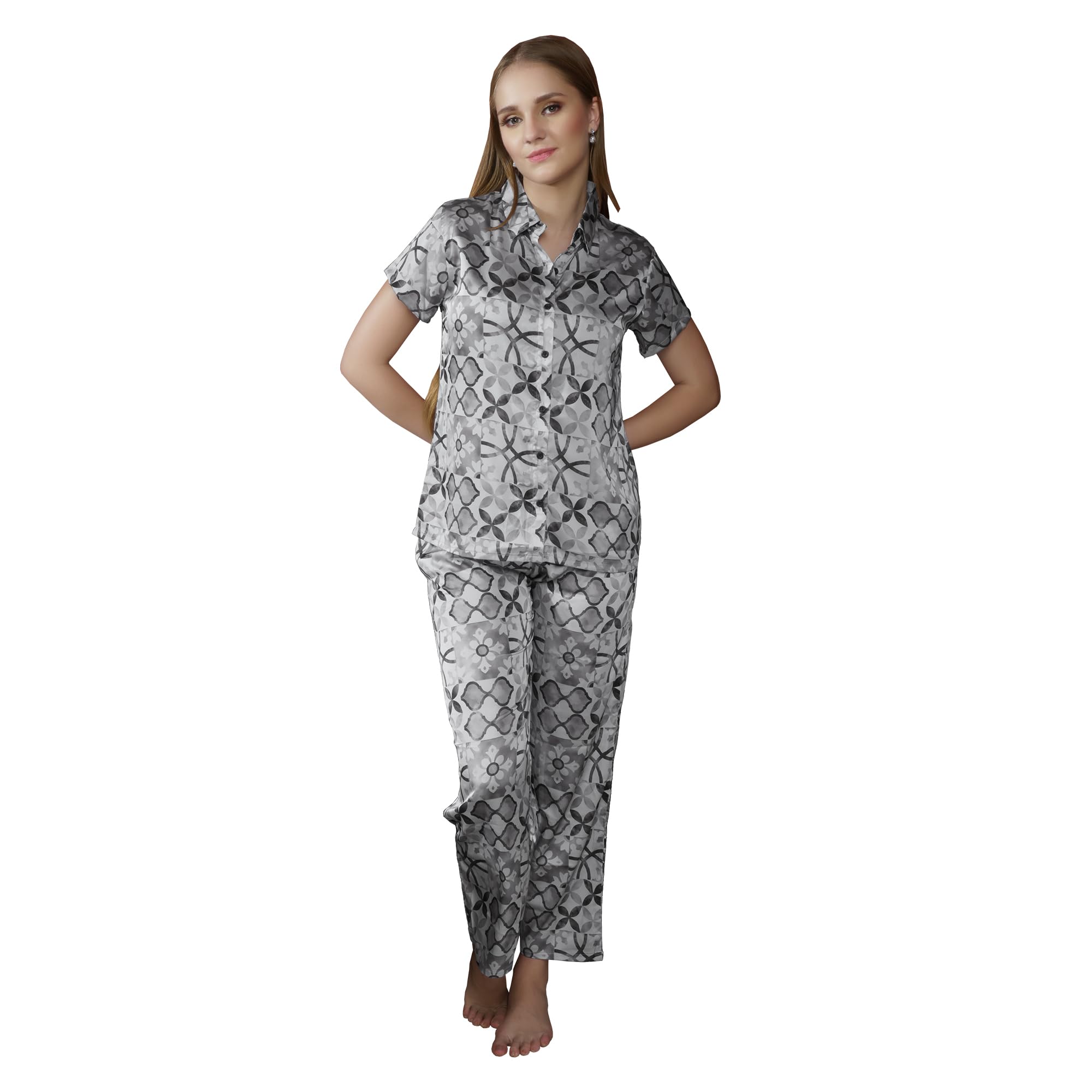 Riza Imported Satin Fabric Short Sleeves Relaxed Fit Printed Shirt and Pyjama Night Suit Set/VNS-1126-image-16