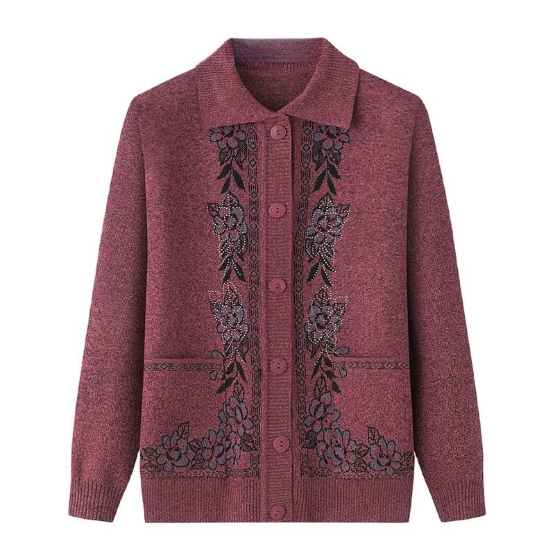 KIJSKKOPO Rebeca De Punto Mujer,Suéteres De Punto para Ancianos, Solapa Verde Oscuro, Manga Larga, Jacquard De Flores, Perforación En Caliente, Abrigo De Punto con Bolsillo, Prendas De Vestir Ajus