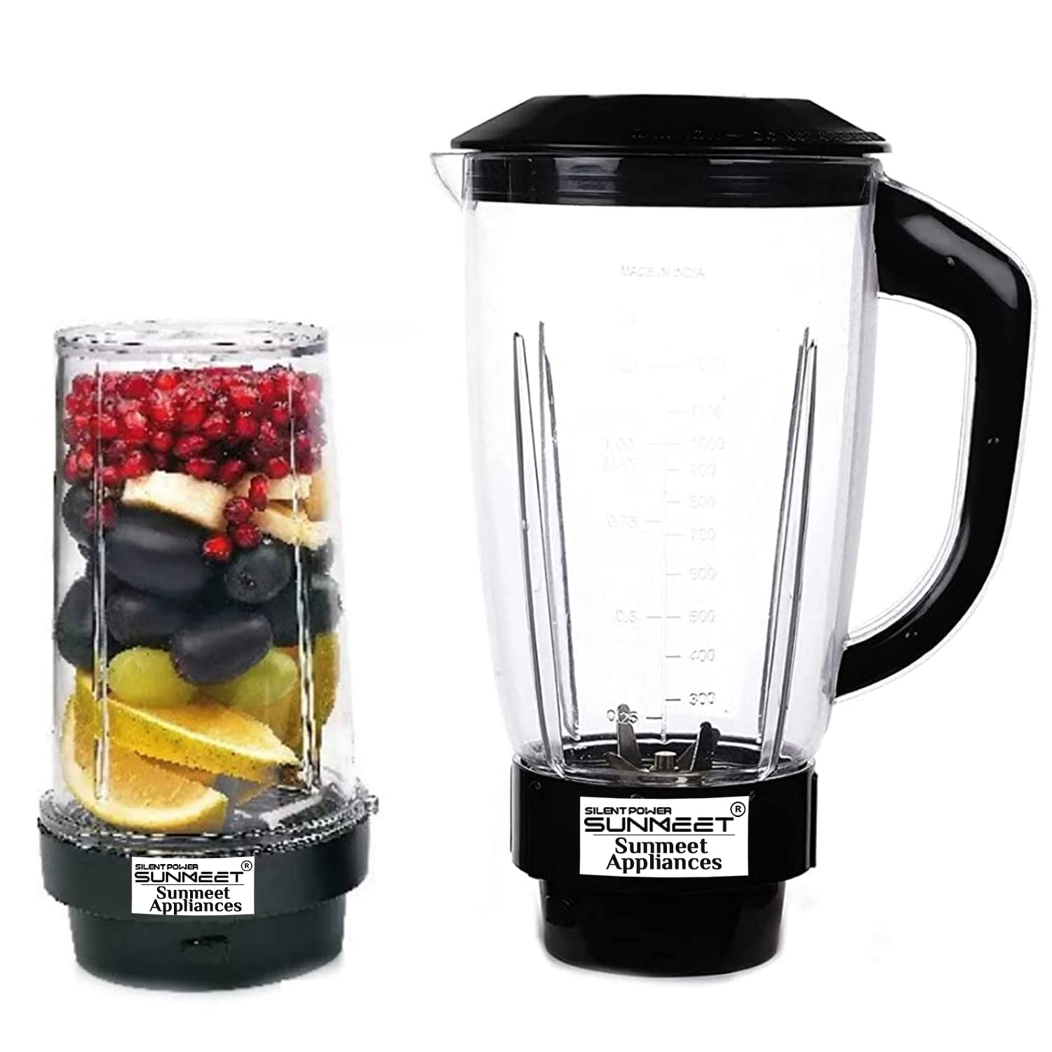 Silent Power Sunmeet Juicer Jar and Bullet Jar for Mixer Grinder Set of 2 Juicer Jar ABS Plastic Capacity (1500ML & 530ML) Transparent Plastic, Black- NSA4-image-19