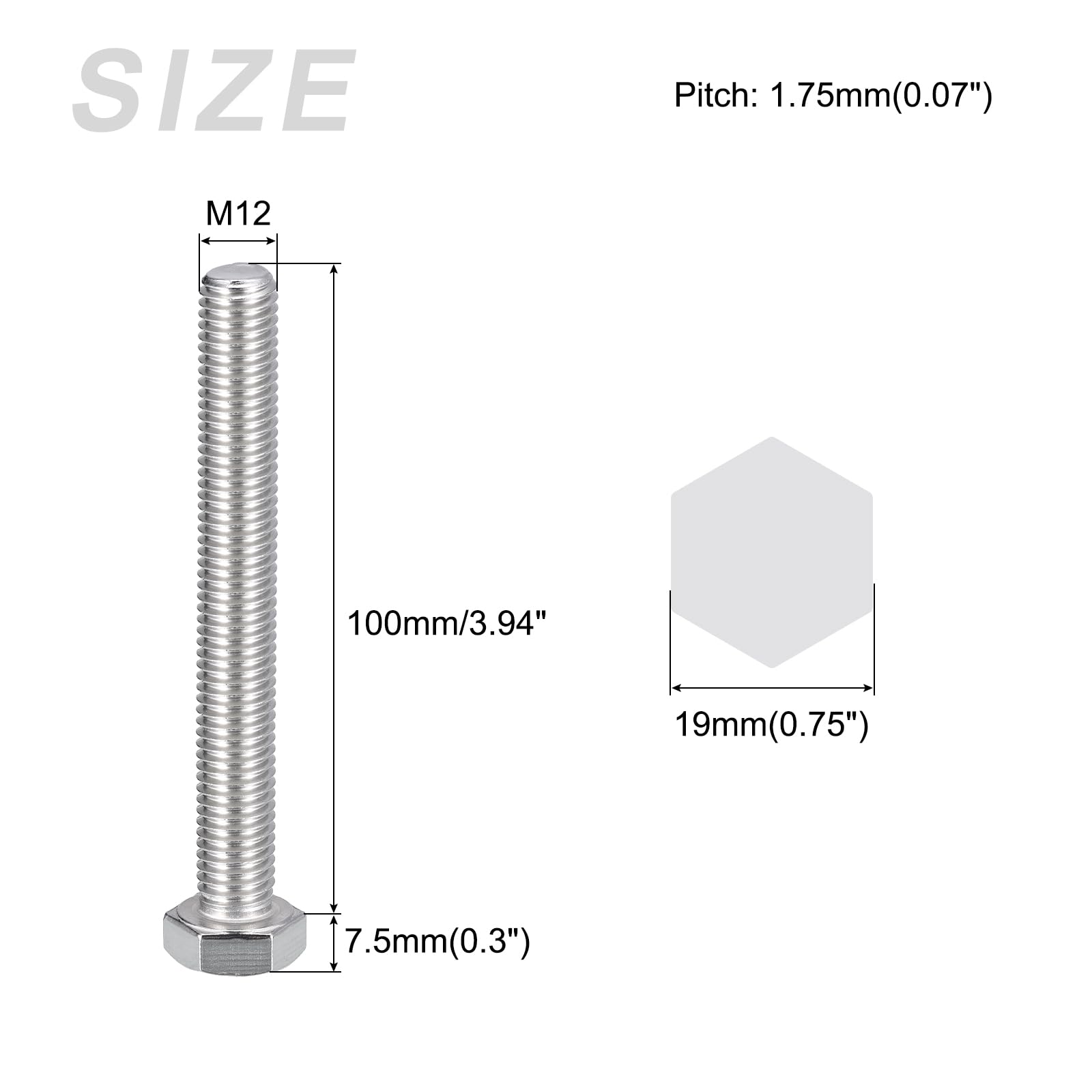 METALLIXITY Hex Bolts (M12-1.75x100mm) 2Pcs, 304 Stainless Steel Coarse Fully Threaded Hex Head Screw Bolt Machine Screws - Image 2