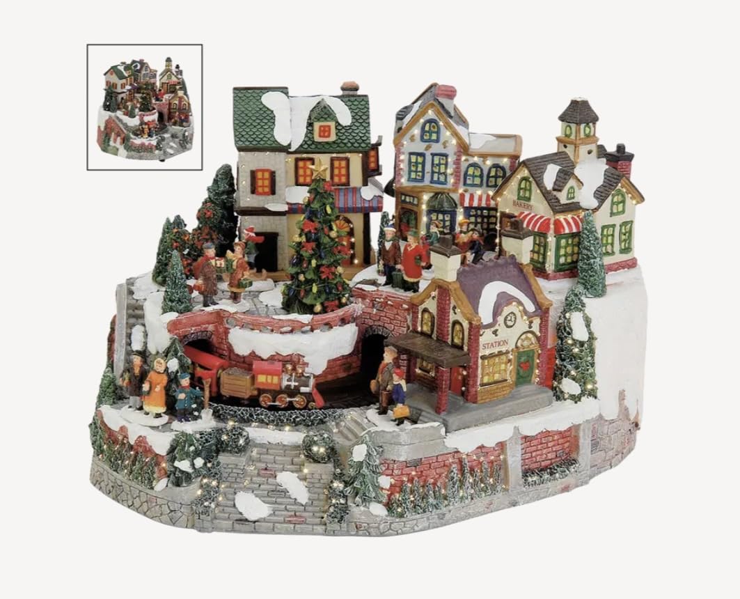 Winterdorf-Szene mit Licht, beweg. Zug aus Poly, B34 x T24 x H22 cm, Advent & Weihnachten, Zug