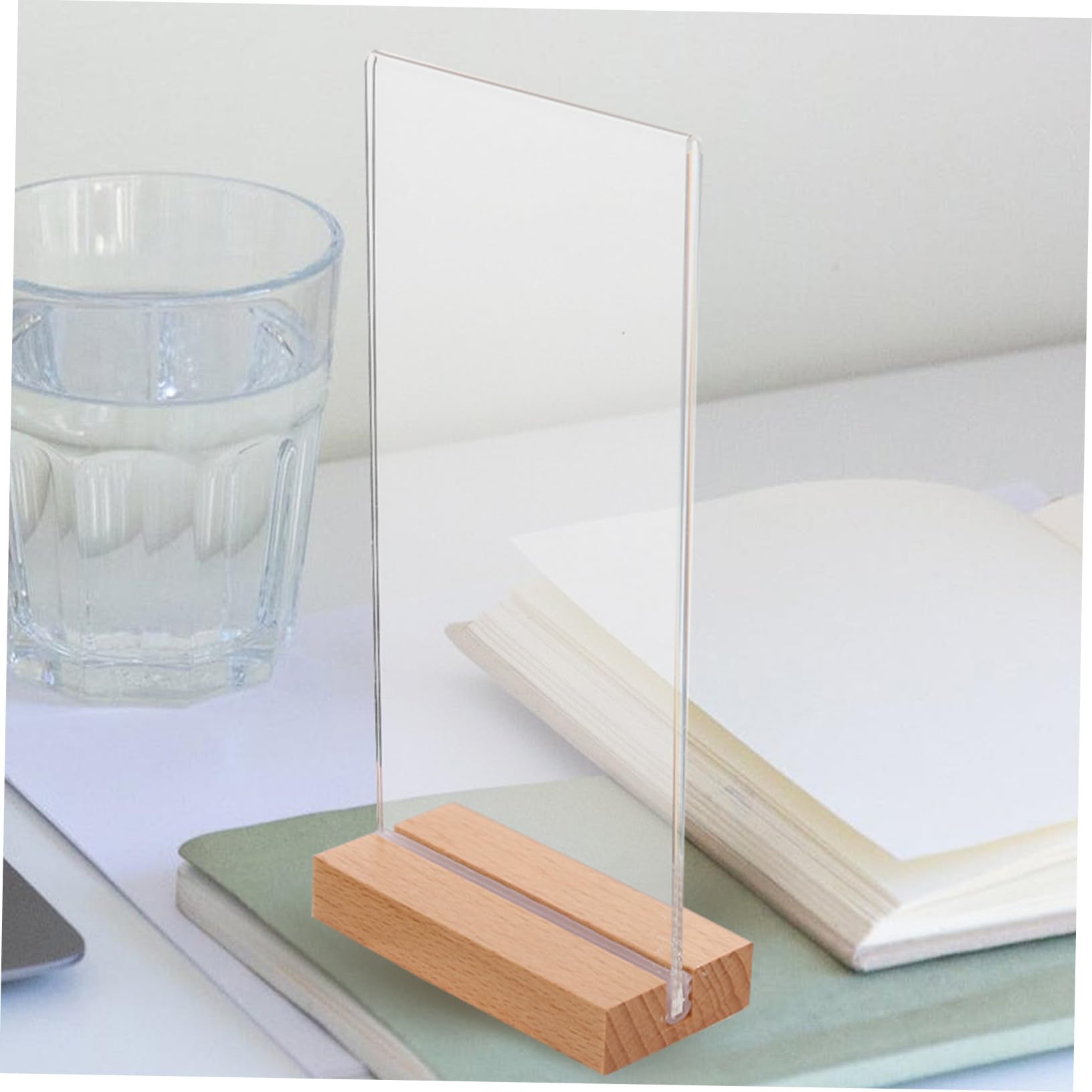5 Piezas Soporte Vertical Acrílico para Menús con Base Madera T Exhibidor Transparente para Mesa Restaurante Oficina y Eventos