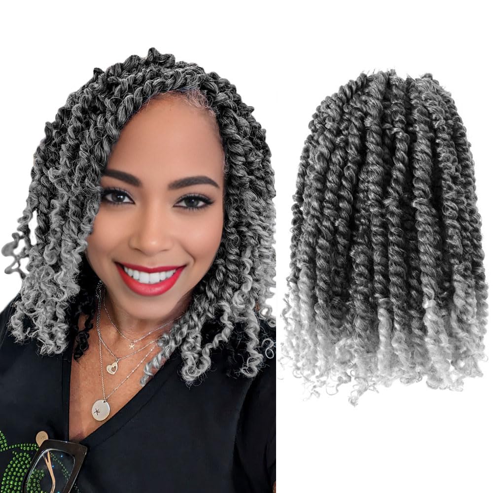Grey Passion Twist Hair 12 Inch Pre Twisted Passion Twist Crochet Braids Short Pre looped Crochet Hair 8 Packs?TGrey/Ombre Grey)