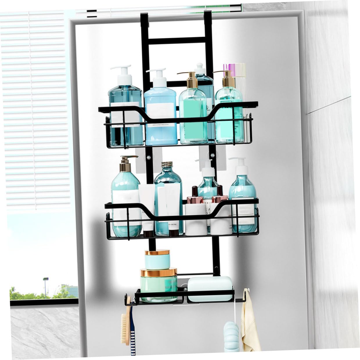 Toyvian Tür Hängeregal Metall Duschkorb Organizer Schwarz Mesh design für Bad Küche Büro Platzsparend und Rostfrei Vielseitige Aufbewahrung für Handtücher Shampoo Kosmetik