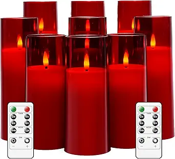 Flickering Flameless Candles Battery Operated with Remote and 2/4/6/8 H Timer Plexiglass Led Pillar Candles Pack of 9 (D2.3 xH 6" 7" 8") with Realistic Moving Wick Candles for Home Decor(Red)