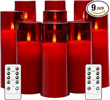 Flickering Flameless Candles Battery Operated with Remote and 2/4/6/8 H Timer Plexiglass Led Pillar Candles Pack of 9 (D2.3 xH 6" 7" 8") with Realistic Moving Wick Candles for Home Decor(Red)
