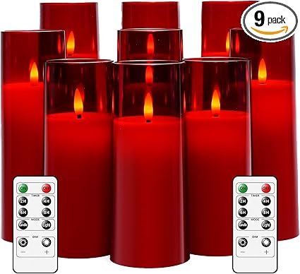 Flickering Flameless Candles Battery Operated with Remote and 2/4/6/8 H Timer Plexiglass Led Pillar Candles Pack of 9 (D2.3 xH 6" 7" 8") with Realistic Moving Wick Candles for Home Decor(Red)