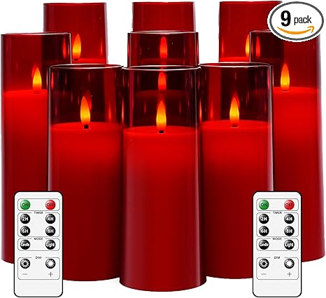 Flickering Flameless Candles Battery Operated with Remote and 2/4/6/8 H Timer Plexiglass Led Pillar Candles Pack of 9 (D2.3 xH 6" 7" 8") with Realistic Moving Wick Candles for Home Decor(Red)