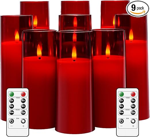 Flickering Flameless Candles Battery Operated with Remote and 2/4/6/8 H Timer Plexiglass Led Pillar Candles Pack of 9 (D2.3 xH 6" 7" 8") with Realistic Moving Wick Candles for Home Decor(Red)