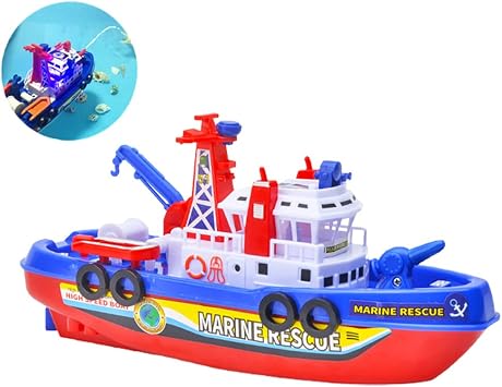 Miracland Fireboat Toy Battery-Powered Water-Spray Rescue Boat with Lights, BPA-Free Fountain Fun for Toddlers, STEM Pool & Tub Gift