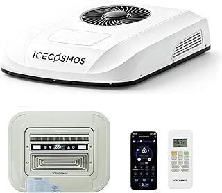 Ultra-Slim Mini Body 12V DC Inverter RV Air Conditioner with Heating– Auto Swing airflow, Low-Profile Design, Quiet & Efficient Cooling for Camper Vans Motorhome (ICECOSMOS CH-12V)