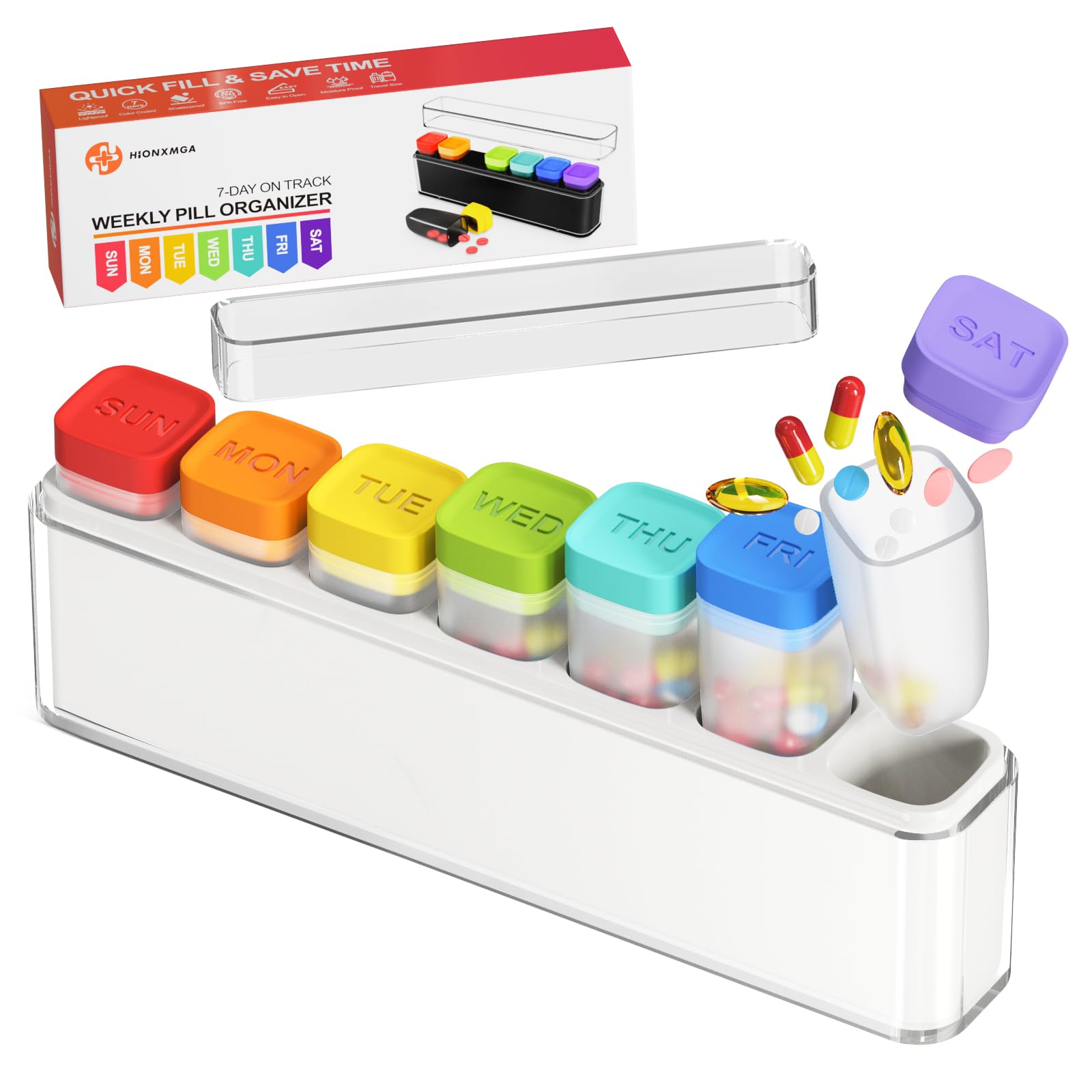 Weekly Pill Organizer 1 Time a Day, HIONXMGA Portable Detachable Travel Pill Box 7 Day, Large Once Daily Pill Holder Case, Color-Coded Dispenser for Vitamin Medicine Supplement Fish Oil, White