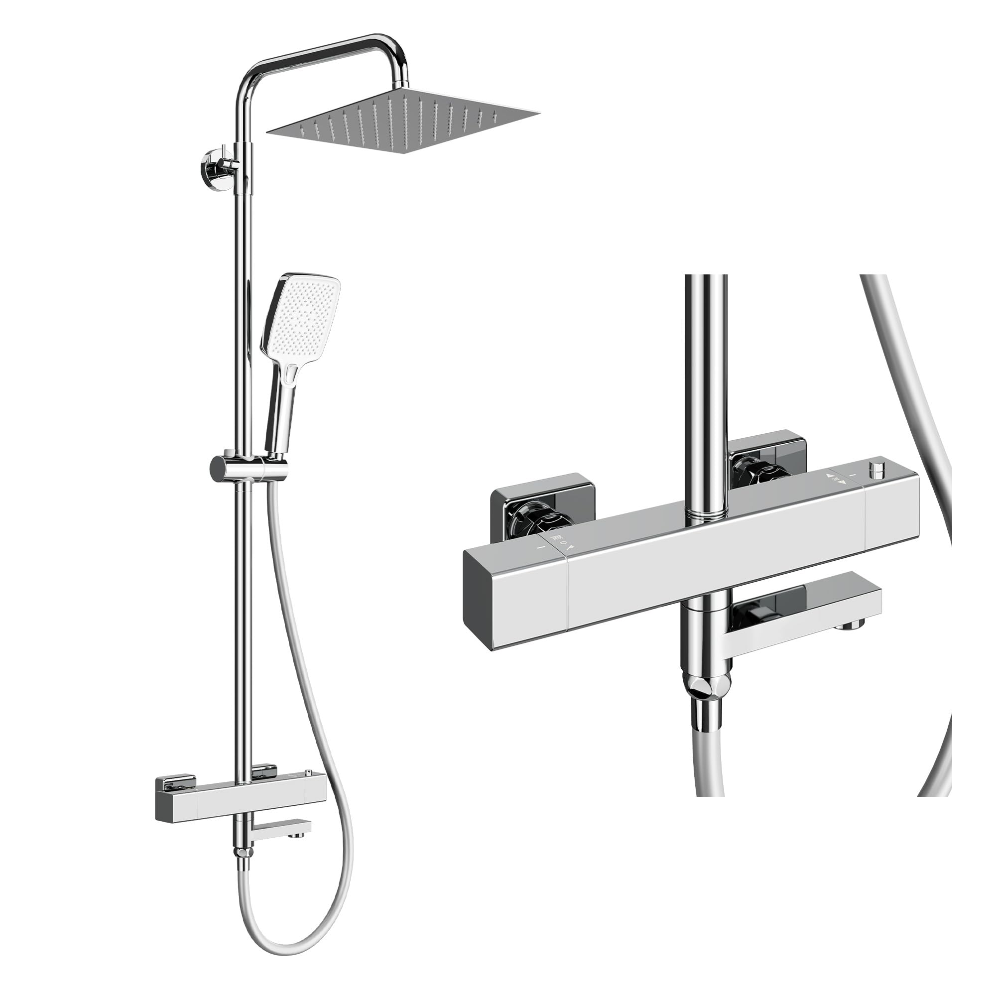 Garvee Duschsystem mit Thermostat Chrom, Duschset Regendusche Duschgarnitur Komplettset mit 304 Edelstahl Kopfbrause Armatur, 3 Strahlarten Handbrause, Duschstangen (Eckig 25x25cm)