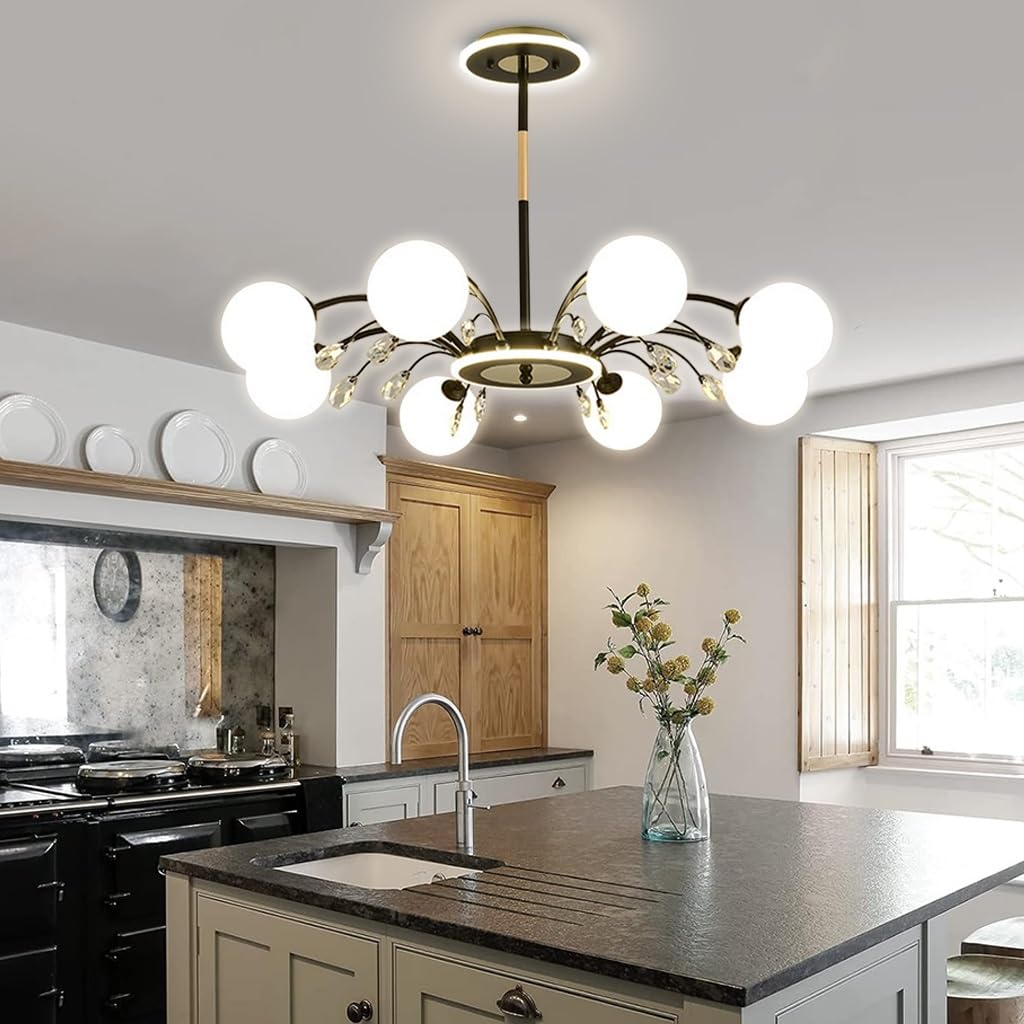 LYSDjia Sputnik Chandelier Gold Modern Chandeliers Mid Century Ceiling Lighting Fixture Crystal decoration Pendant Light with Milk White Glass Shade for Living Room Kitchen Bedroom Dining Room and Far