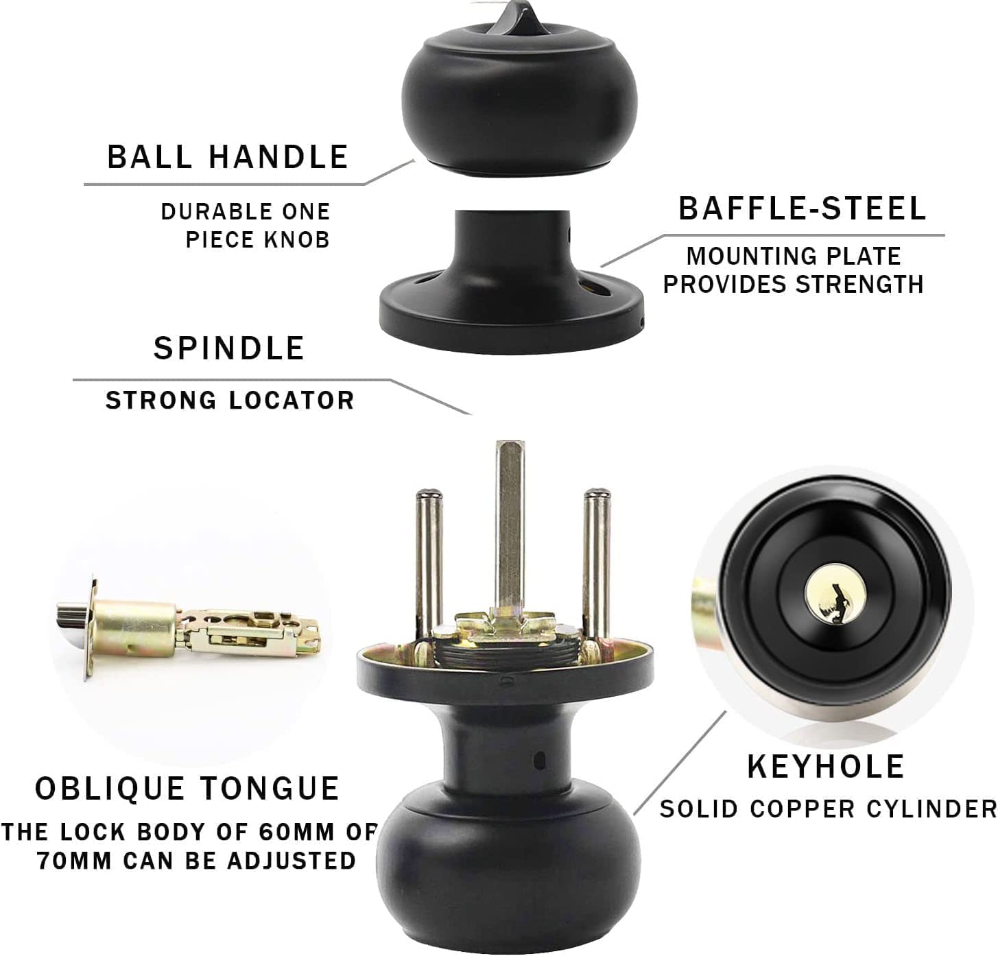 Black Door Knob with Lock - Satin Stainless Steel -2 Black Door Knob with Lock - Satin Stainless Steel -2