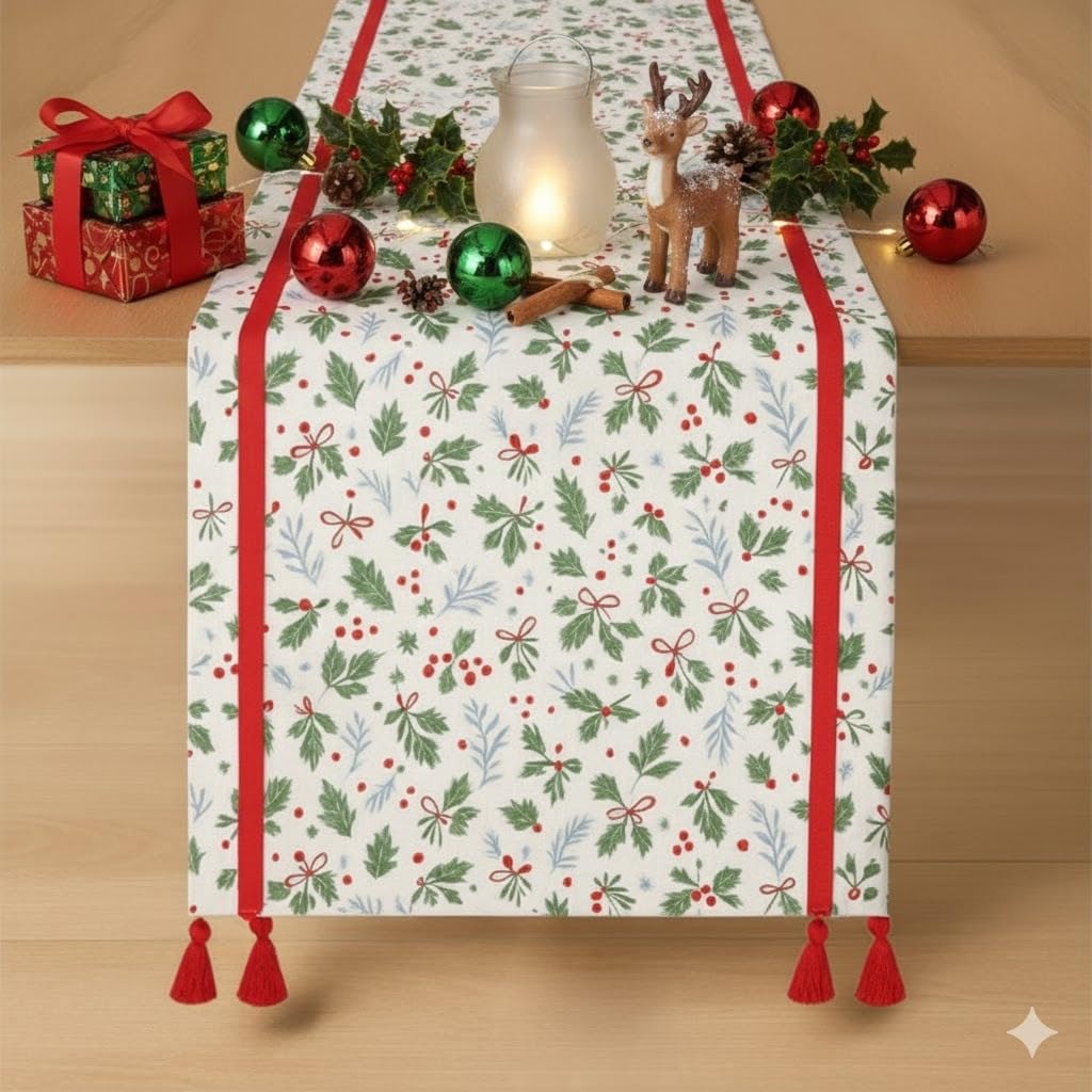 Folkulture Christmas Table Runner 90 Inches Long – 100% Cotton Rustic Farmhouse Mistletoe Red Table Runner for Dining or Coffee Table Décor | Xmas