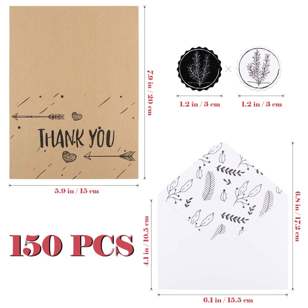 Amosfun 150pcs Dankeskarten Set Kraftpapier Grußkarten Notizen Danke Umschläge und Aufkleber für Weihnachten Hochzeit Geburtstag Babyparty
