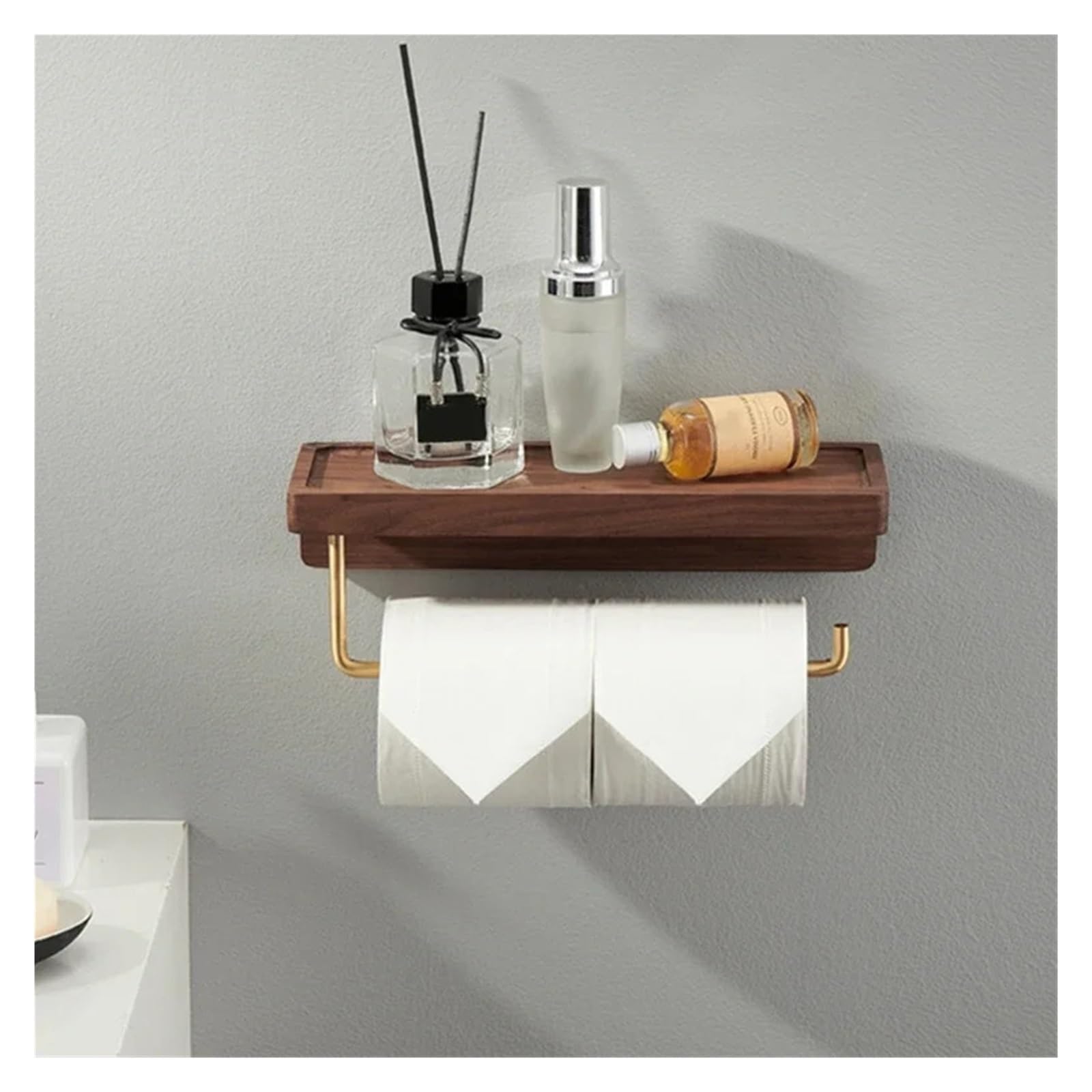 Porte-Rouleau de Papier Toilette Mural en Laiton a Porte-Papier Toilette Mural Simple en Laiton brossé et Bois(Color2)