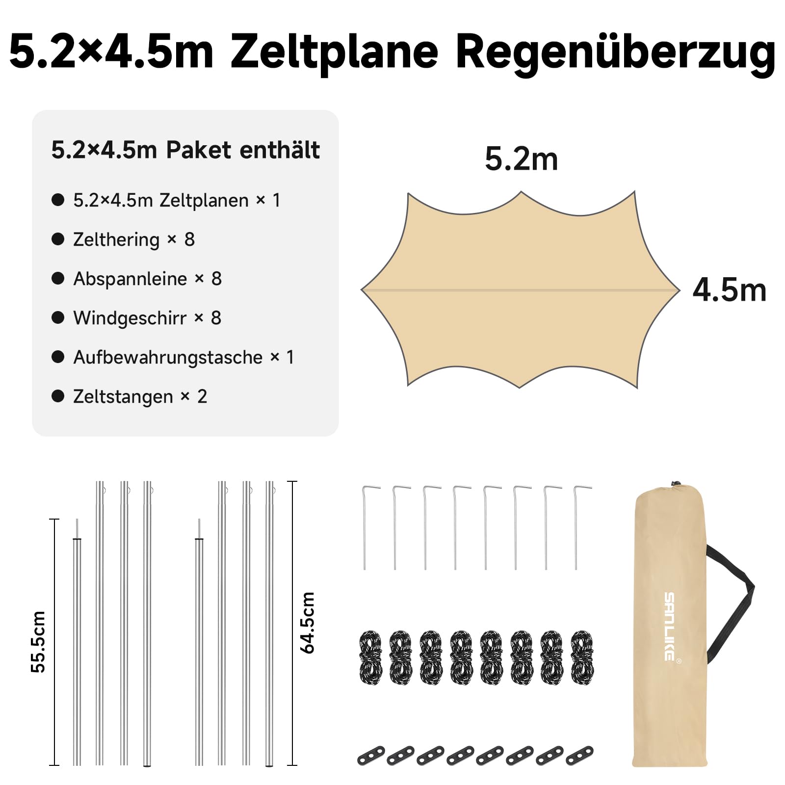 SAN Like Bâche de Tente, 4,5 x 5,2 m, Ultra légère, avec Barre de Support, 8 piquets et 8 Cordes en Nylon pour tentes