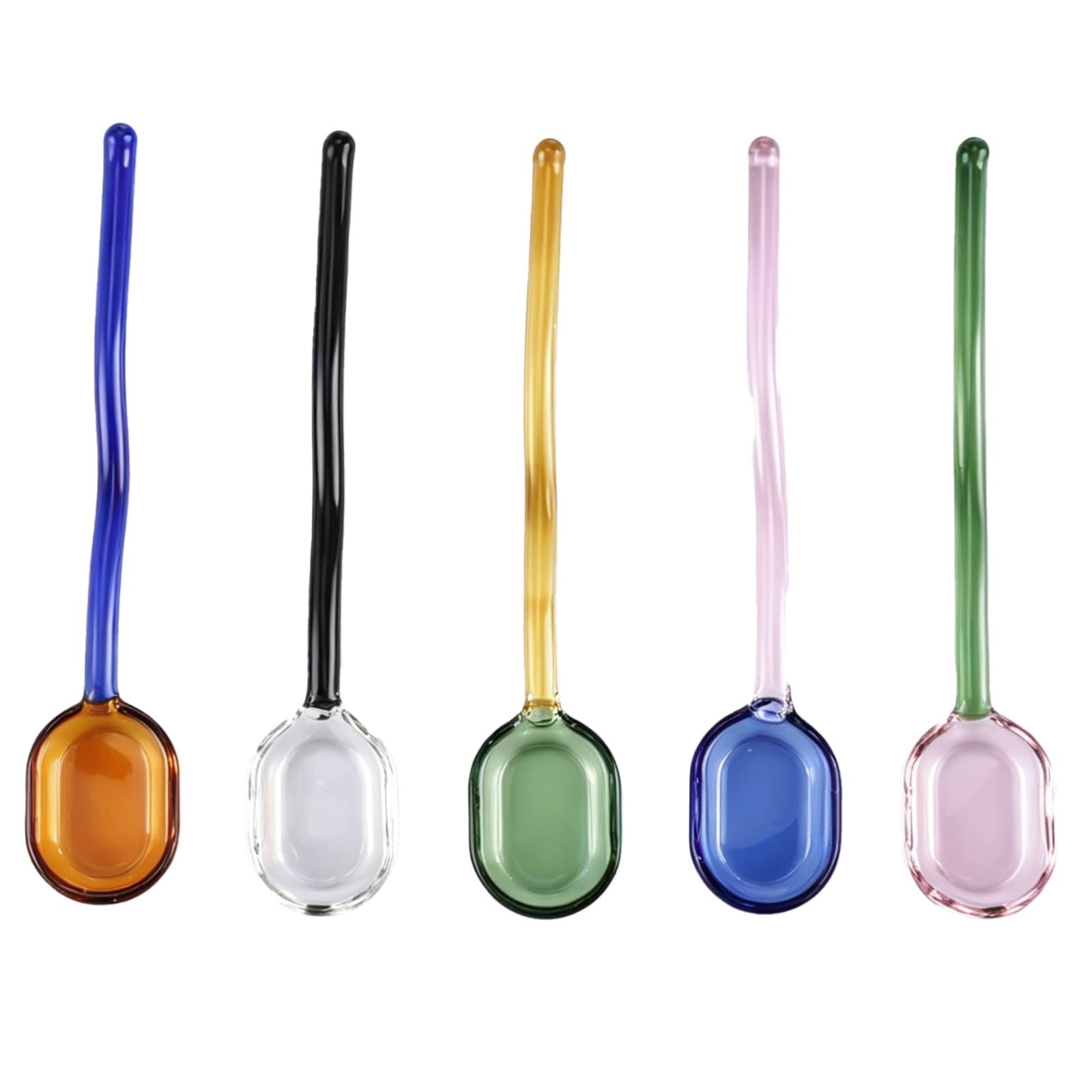 Lot de 5 cuillères en verre, 6,2 pouces pour café et thé, cuillère à mélanger, cuillères à dessert en verre coloré avec manche ondulé pour thé, café, sucre, lait, yaourt, cuisine, bar