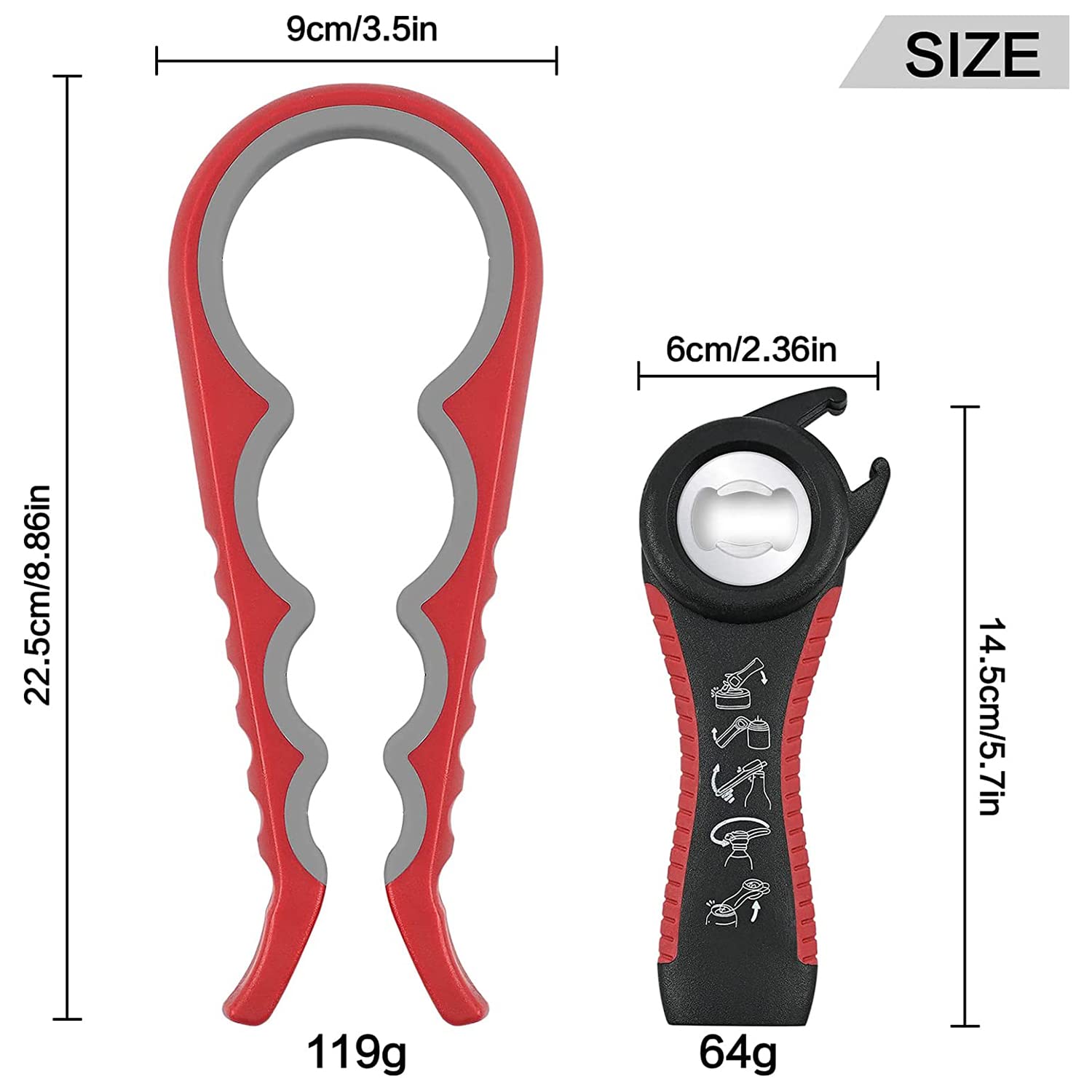 Abridor de tarros para manos débiles, kit de abridor de botellas multifunción 5 en 1 con mango de silicona, fácil de usar para niños, ancianos y personas con artritis, rojo