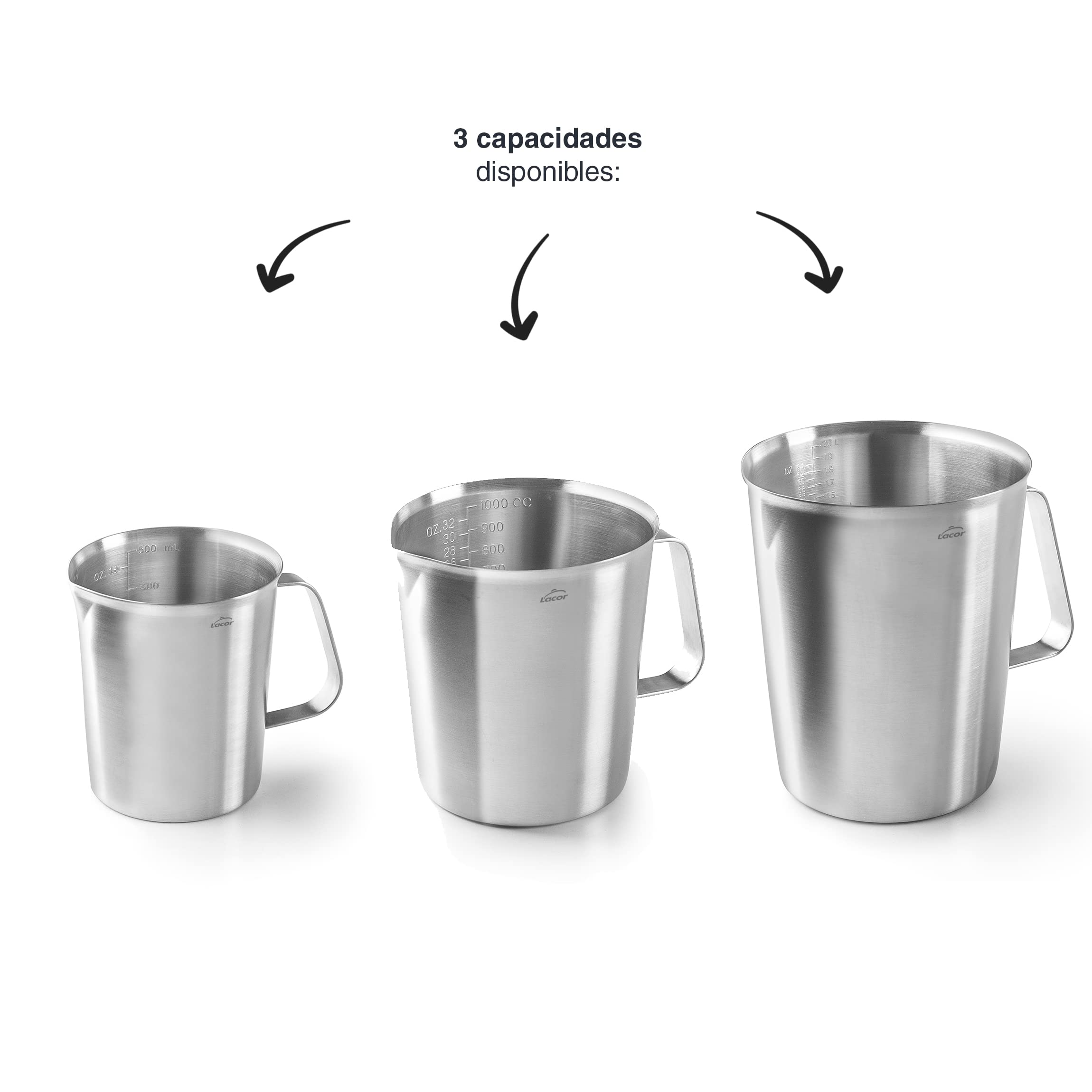 Lacor - 62742 - Jarra Medidora, Taza de Medir, Medidor de Líquidos, Acero Inoxidable, 15 cm, 2 L