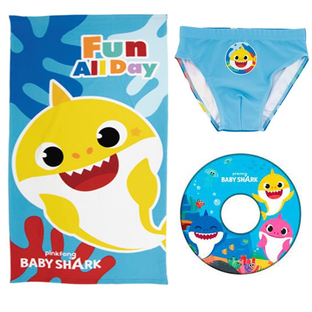RSLPack Verano Baby Shark Bañador para Niño Fabricado en Poliéster 83% y Elastano 13%, Forro 100% Poliéster con Toalla y Flotador.