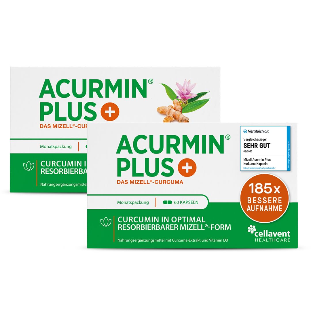 185x effektivere Kurkuma Kapseln - 10.000 mg Kurkuma Pulver/Tag - Kurkuma hochdosiert ohne Piperin - Mizell Curcuma - 95% Curcumin - mit Vitamin D3 für Knochen - Acurmin PLUS, 120 Kapseln