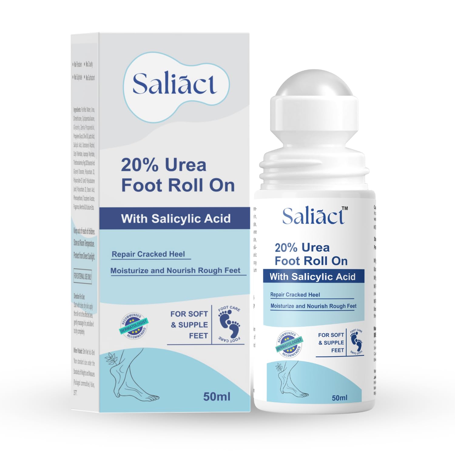 Saliact 20% Urea Foot Roll On With Salicylic Acid, Lactic Acid, Olive Oil | Foot Cream Moisturizer for Dry Cracked Feet | Repair and Moisturise Cracked Heels | Hydrates & Nourish Foot Care for Softens Skin | For Women & Men | 50Ml-image-36