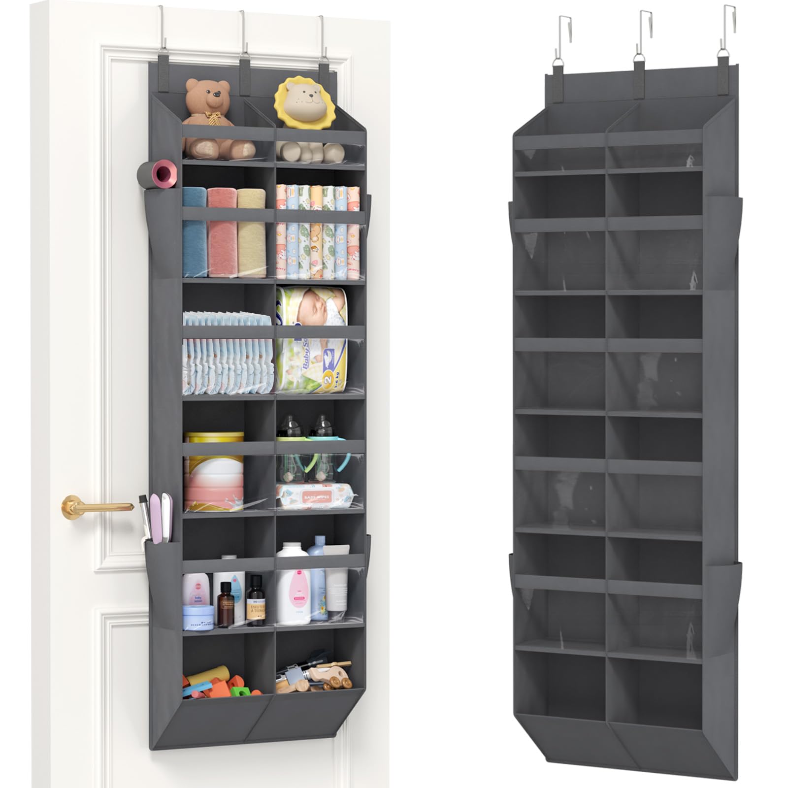 Lifewit Over the Door Storage, Clear Hanging Organiser with 4 Side Pockets, Anti Tilt 40 lbs Load Behind Door for Dorm, University Essentials, Room, Bedroom, Nursery,1Pack,12 Section Grey