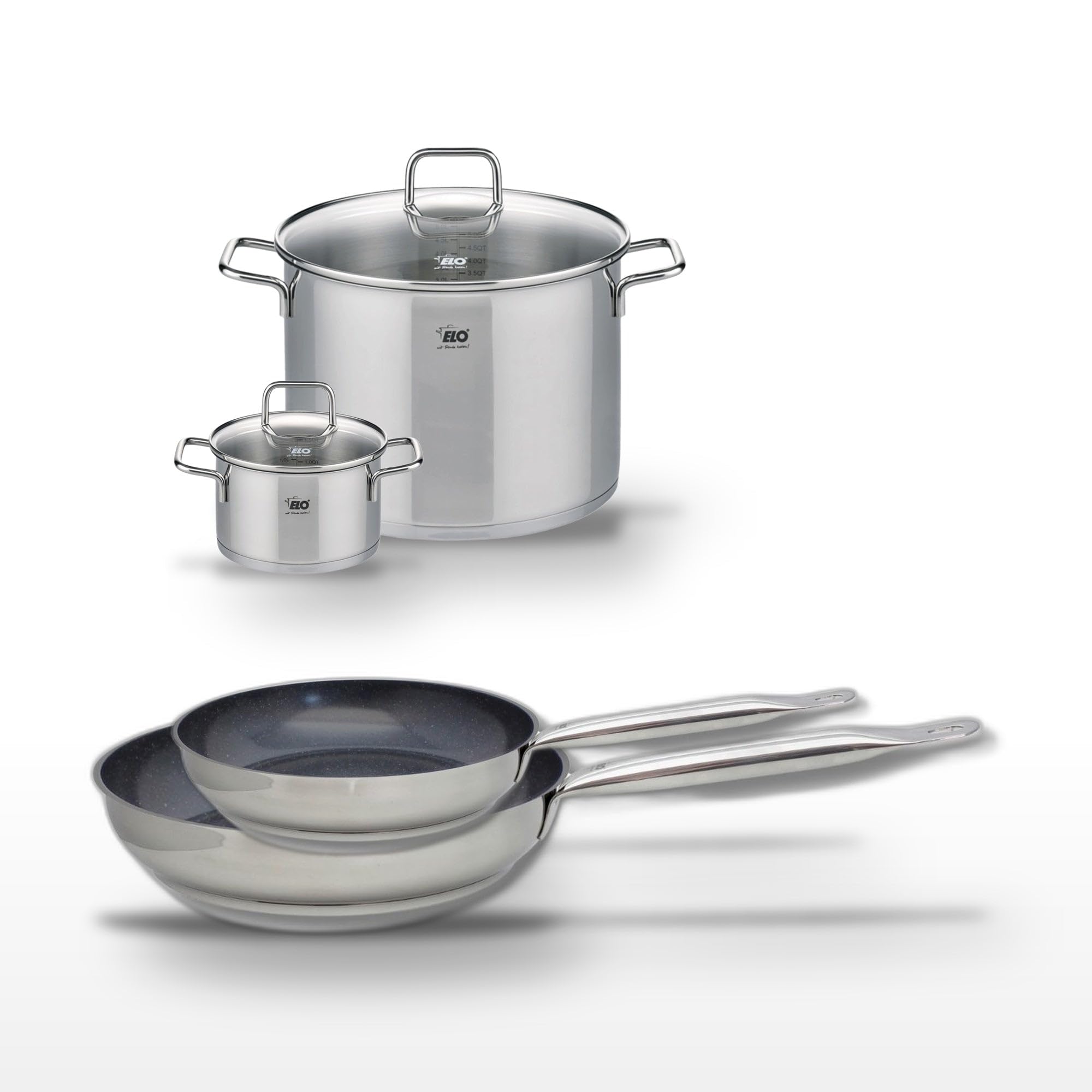 Elo 9524550BX Kochgeschirr-Set, 2 Pfannen 24/28 cm, 2 Kochtöpfe aus Edelstahl, 16/26 cm, Profi Therm Platinum