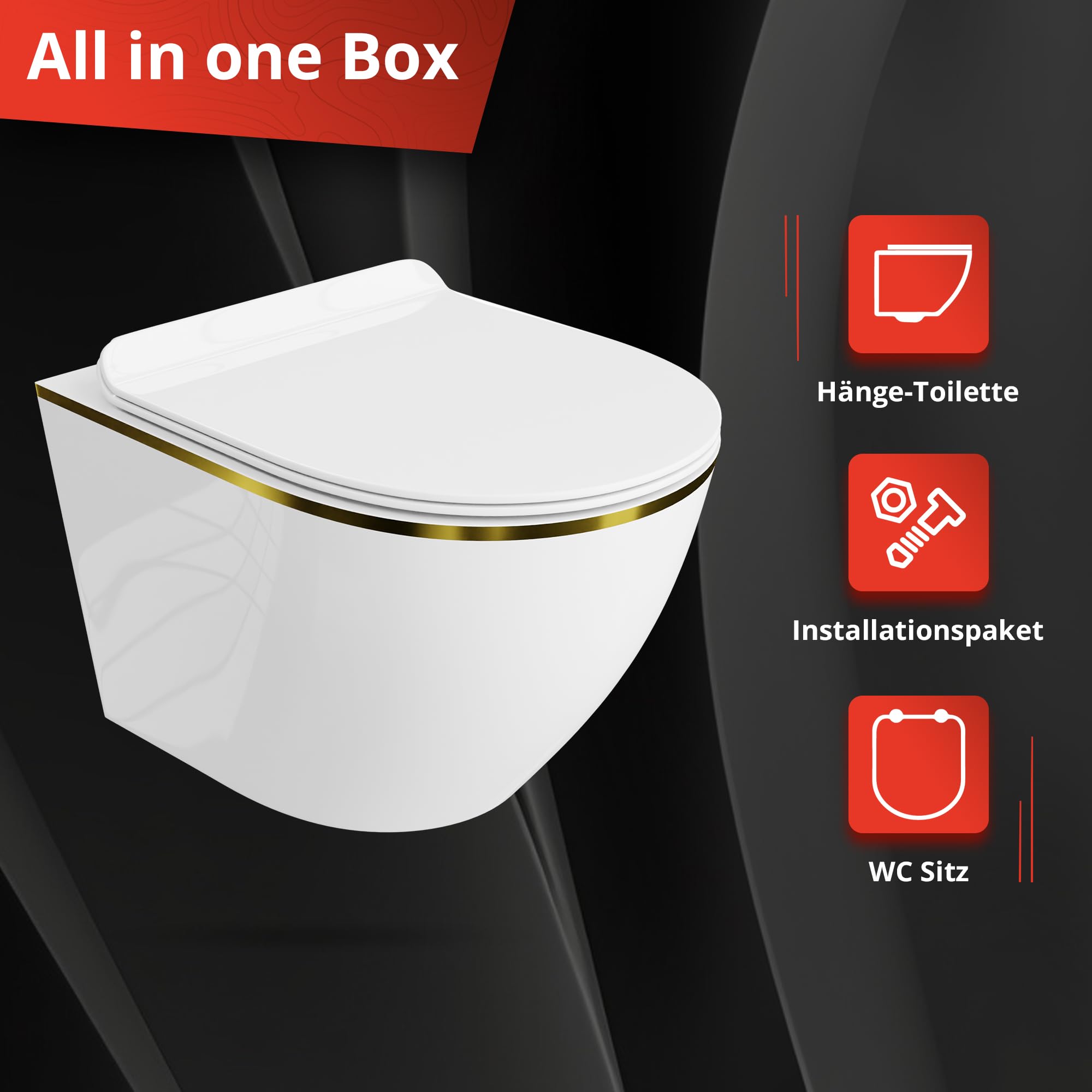 Lavita Vorwandelement Solido Start + Wand Hänge WC Sofi Slim Gold Line Spülrandlos + WC Sitz mit Absenkautomatik Verchromter Knopf Komplettset Unterputz Spülkasten Toilette Komplett Sett WC