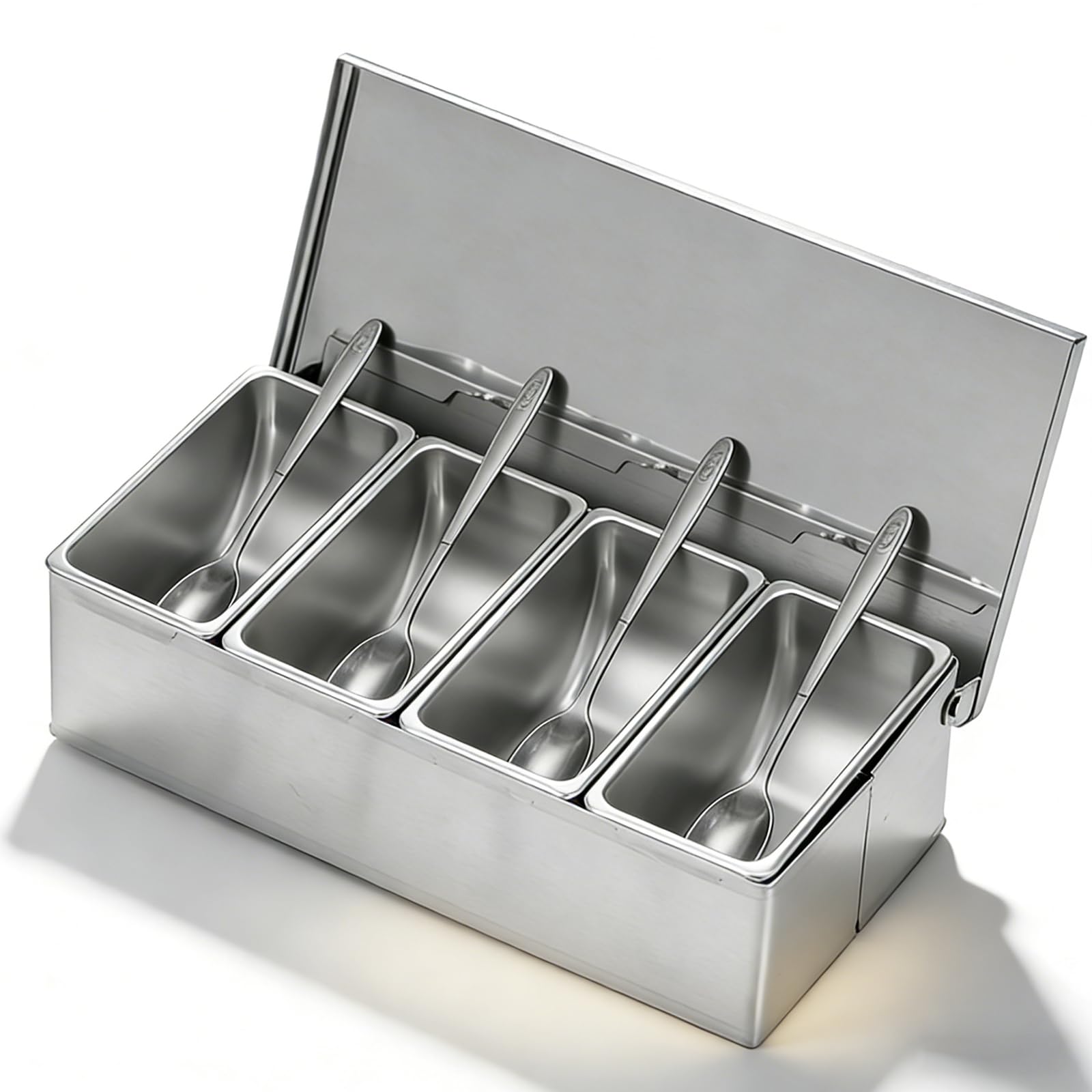 PORFOYO Boîte à Ingrédients En Acier Inoxydable 4 Compartiments: Organisateur De Condiments à 4 Compartiments, Avec Couvercle Et Cuillère, Station De Garniture De Pizza Pour La Maison à Domic