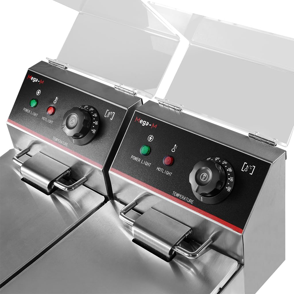 Mega-M Gastro-Fritteuse Elektro Zweikammer 2x4l 2x2kW, einstellbar mit Deckel, 45x40x30cm, Edelstahl inox, 230V (2 Fächer / 2x4L)