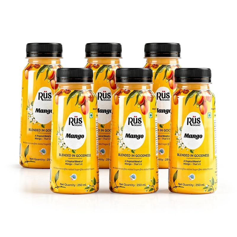 Image of Rus Organic Mango Juice | Natural Fresh Alphonso Mango Fruit Juice | Cold-Pressed | Pack of 6 (250ml Each) | No Added Sugar or Preservatives | Rich in Antioxidants | Refreshing Drink