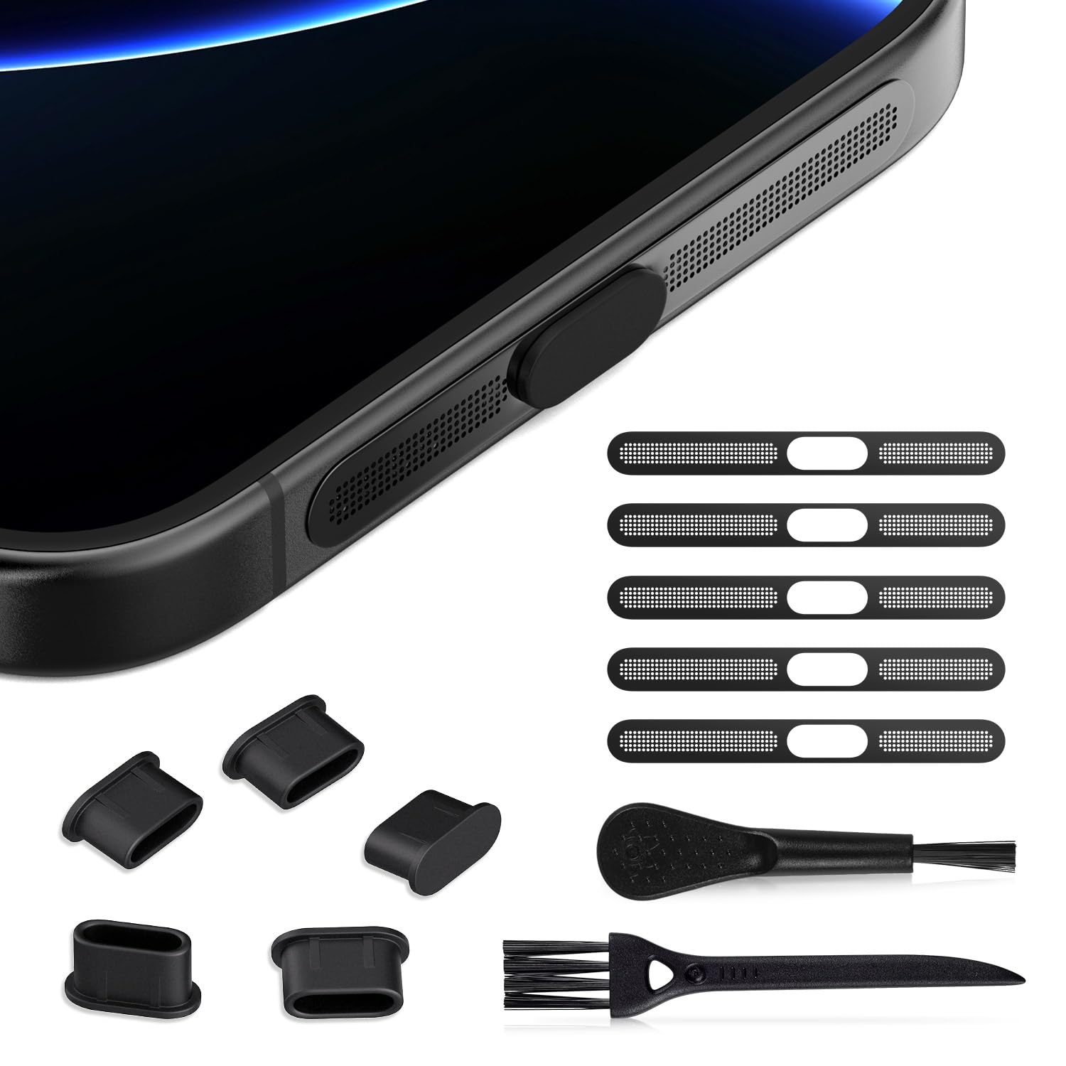 iKammo 5 PCS USB C Port Cover for iPhone 17/17 Pro/16 Pro Max/15 Pro Max Speaker Mesh Protector Dust Cover with Cleaning Brushes(NOT FIT 17 Pro Max)