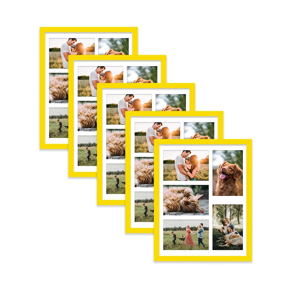 Yellow Multi Photo Frame - Holds 5 x 6x4 Pictures, Family Collage Picture Frame for Wall Display, 14x11 Frame size, Set of 5