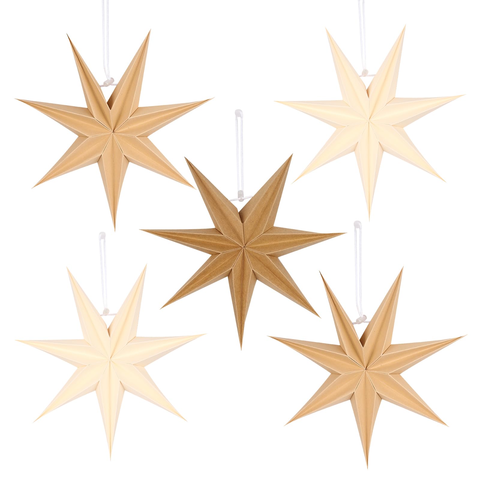 12 Inches 5 PCS Brown Paper Star Lanterns Hanging Khaki Stars Christmas Party Decorations Hanging Beige Lampshade Christmas Wedding Birthday Christmas Home Party Decorations (7 Pointed)