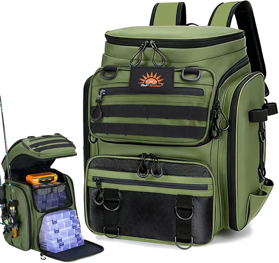 Mochila 50 Litros de Pesca que Funciona Como Suporte para Vara, Bolsa Peitoral, Organizador de Equipamentos e Iscas Artificiais, Mochila de Grande Capacidade para Camping e Trilha ao Ar Livre