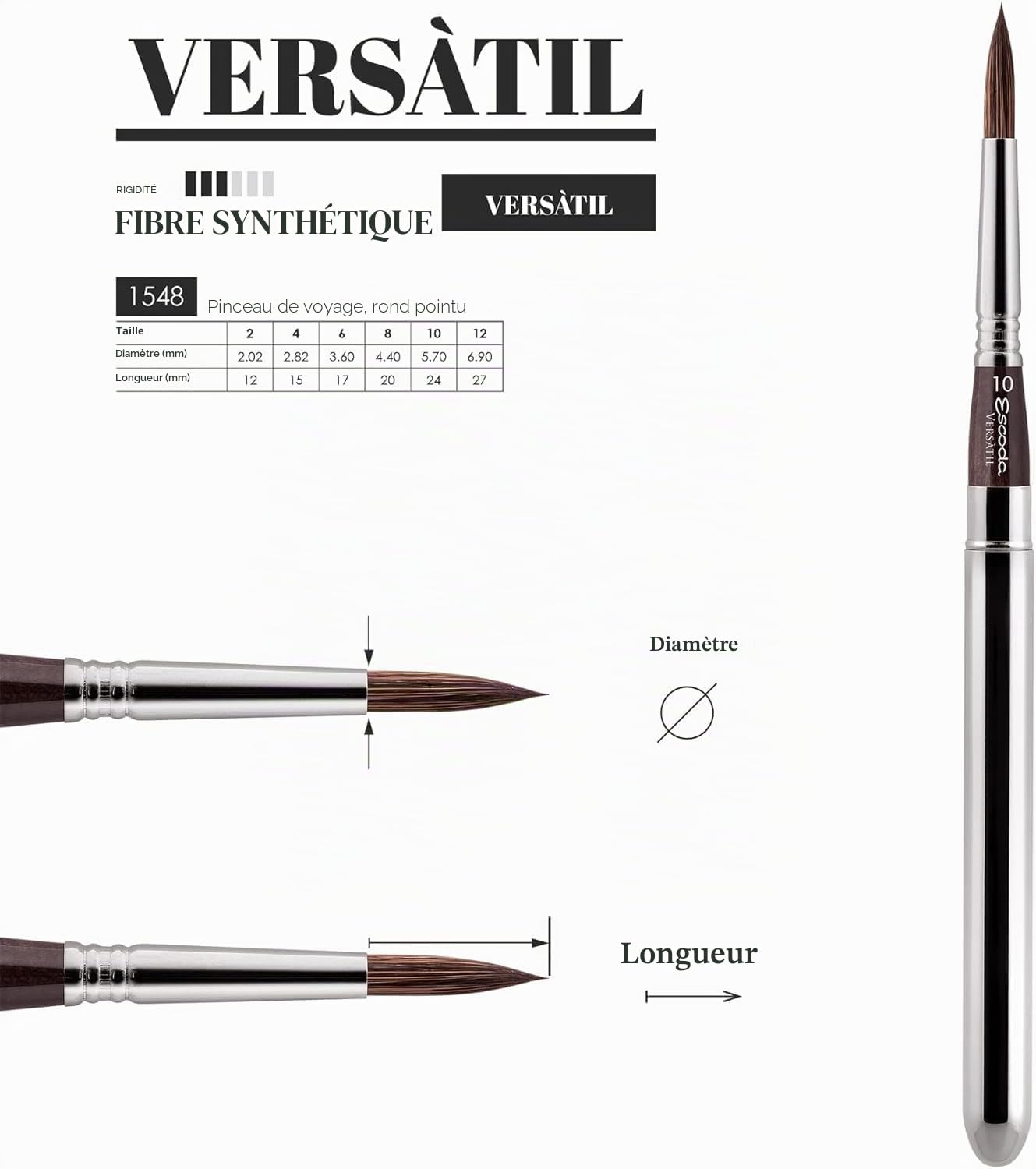 ESCODA Set 3 Pinceaux Aquarelle - Versatil Set Voyage Professionnel Fibres Synthétiques Fabriqué à la Main à Barcelone