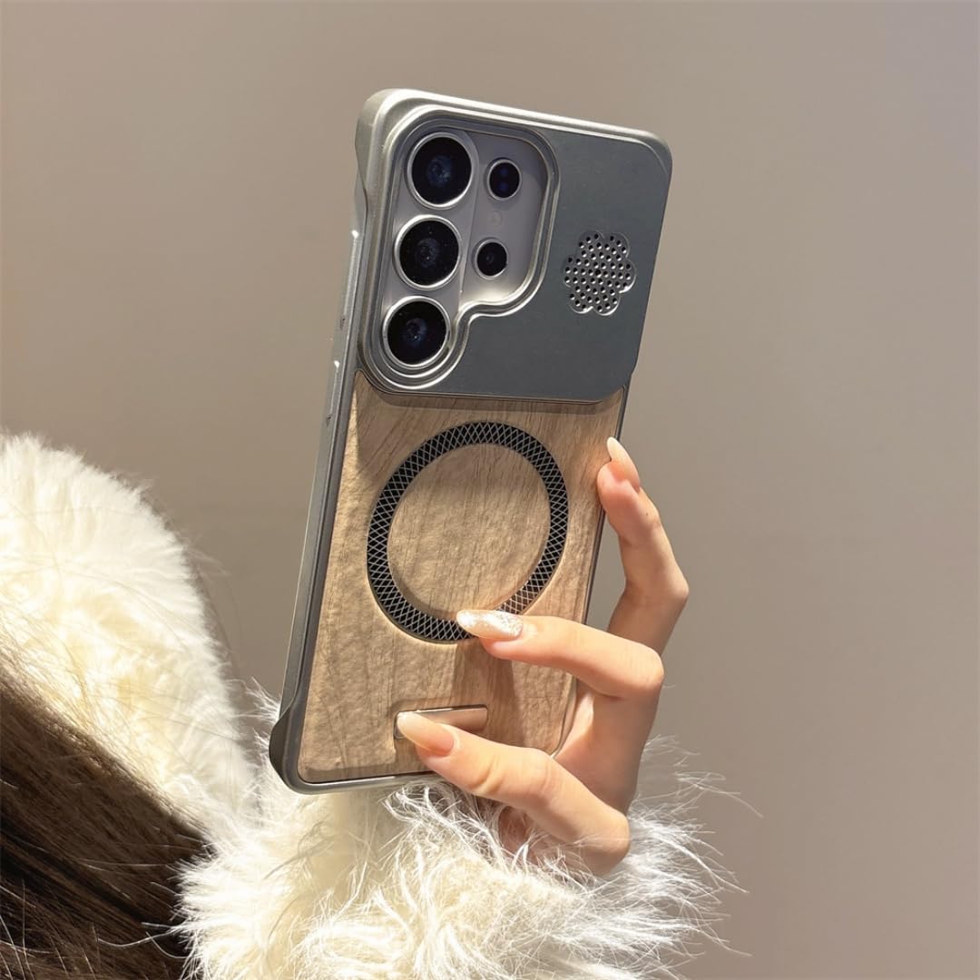 Etui magnetyczne bezramkowe z drewna imitującego skórę do telefonu Samsung S26 S25 Ultra S24 Plus Fe A56 A55 S26ultra z powłoką bezramkową (do Galaxy A55/szary)