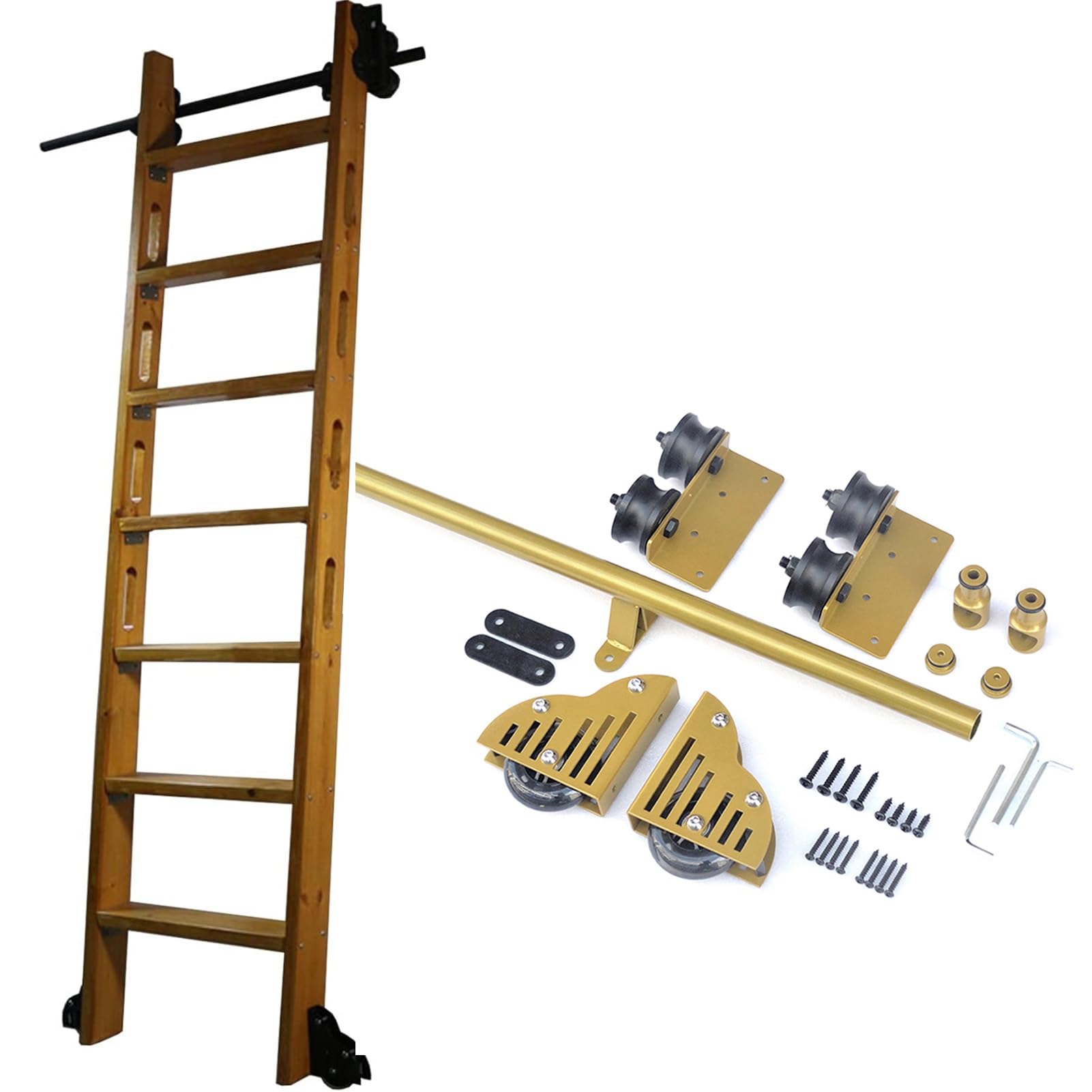 100-732cm Rolling Library Ladder Hardware Kit - Gold Carbon Steel Full Set Mobile Ladder Tracks with Floor Roller for Home/Office/Library/Barn(8ft/244cm Track kit)