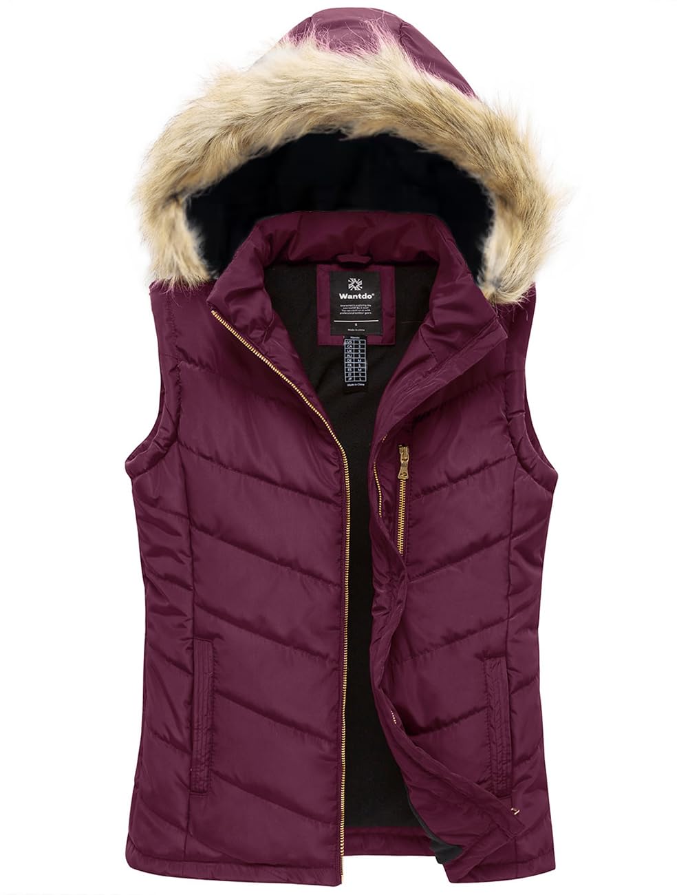 wantdo Women's Thicken Winter Vest Warm Puffer Vest with Removable Fur Hood