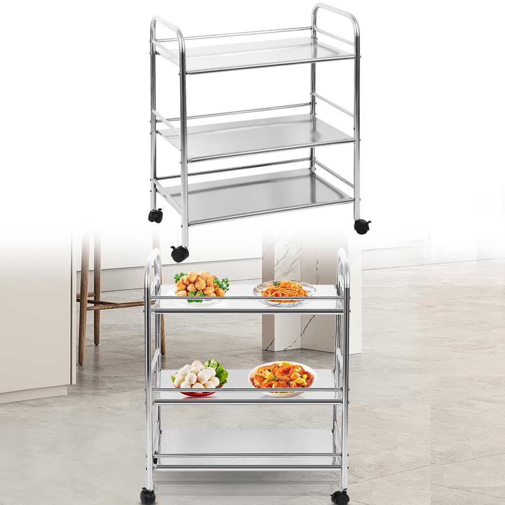 Carrello di servizio a tre livelli in acciaio inossidabile con ruote frenate, robusto e sostenitore di carichi importanti, versatile per l'uso in cucina ed all'aperto