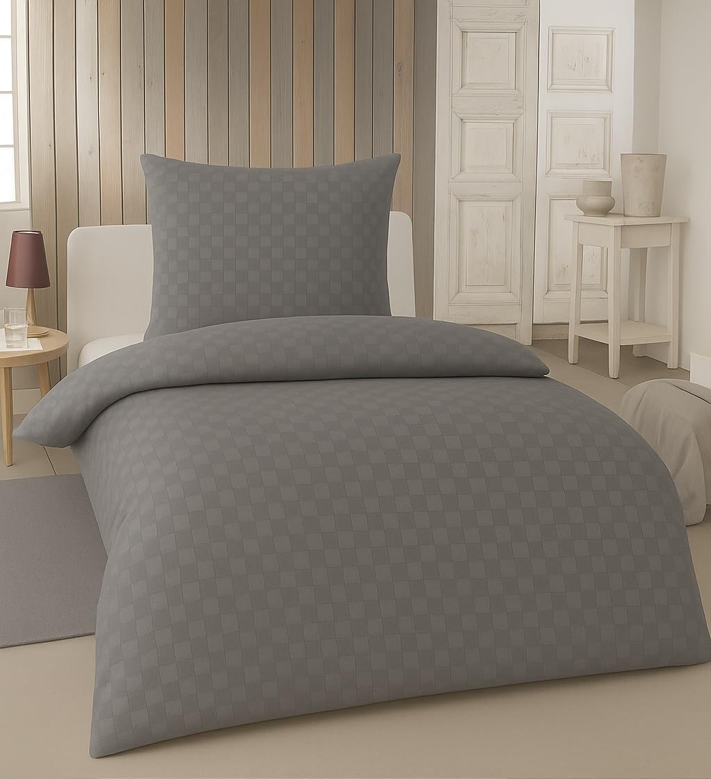 Leonado Vicenti Bettwäsche 100% Baumwolle Renforce 200x220 cm mit Zwei Kissenbezügen Grau mit Karo Jacquard Design Atmungsaktiv Hautfreundlich Mit Verdecktem Reißverschluss