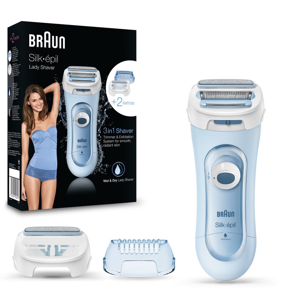 Silk-épil 5 Lady Shaver, 3-in-1 Electric Shaver, Trimmer and Exfoliation System, Wet & Dry, 5-160, Blue