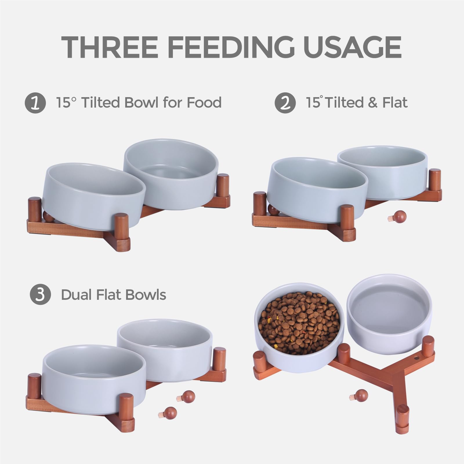 Lot de 2 gamelles en céramique pour chien et chat avec support en bois, bols lestés antidérapants pour nourriture et eau, double mangeoire surélevée pour petits chiens et chats, gamelles en vernis mat